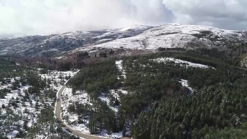 Breathtaking natural landscape, frozen forest on the mountains. Aerial view pine forest mountain, se