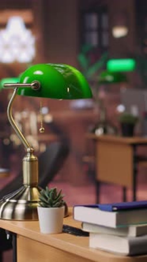 Vertical Video Refined Vintage Library with Wooden Shelves and Classic Green Lamps