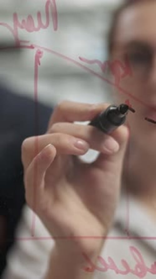 Business Team Brainstorming on Glass Whiteboard