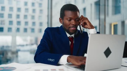 Financial Broker in Office Anxious Adult African Man Talking By Mobile Phone Nervous Businessman or
