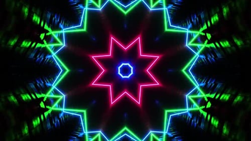 Colorful star pattern with black background and red center. Kaleidoscope VJ loop