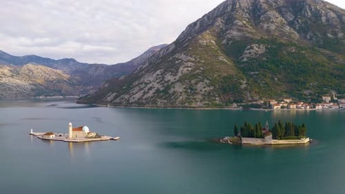 Stunning Baroque Town of Perast, Montenegro Aerial Panorama over St. George and Our Lady of the Rock