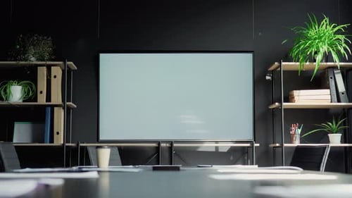 Blank tv screen mockup in modern office meeting room for corporate advertising