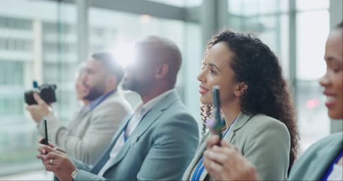 Conference press, photo and people from the media with technology for live streaming meeting
