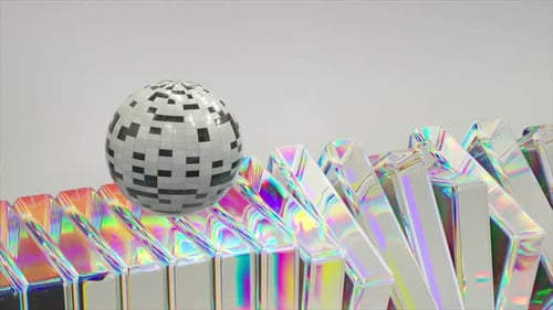 Reflective 3D Animation of a Checkered Sphere on Prism Terrain Showcasing a Dance of Light