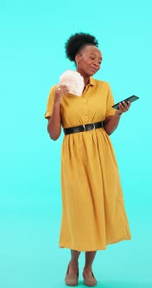 Studio phone, money fan or black woman happy for winning prize, bonus salary