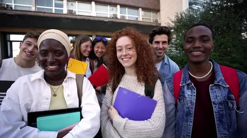 Multiracial Group Smiling Students Standing Posing Looking Camera Outside the University