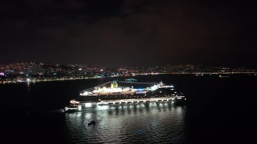 Cruise Ship Drone View Going at Night