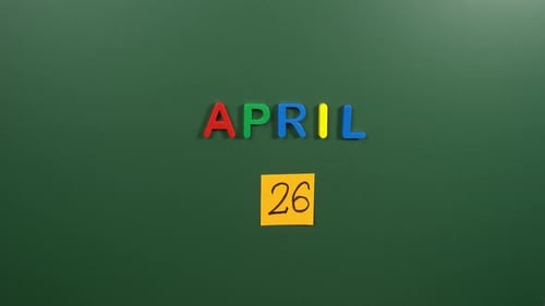 Hand sticking a sticker 26 April calendar day on school board. 26 date of April. Twenty sixth day