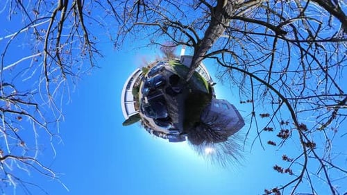 Little Tiny Planet 360 Small World View Of A Man Walking Towards A Church in 4K