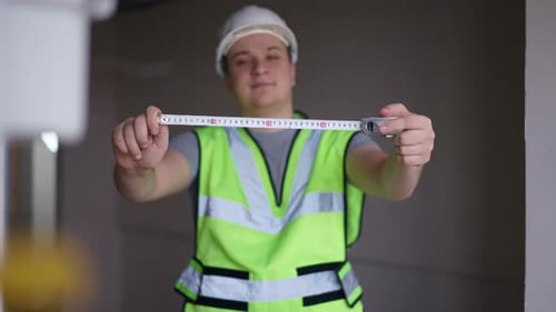 Measuring Roulette Tape in Male Hands with Blurred Man Smiling at Background Looking at Camera