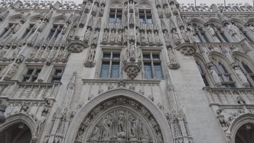 Gothic design of Brussels Town Hall facade on Grand Place, UNESCO World Heritage Site