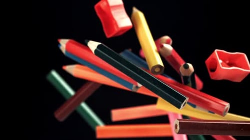 Different School Tools Fly Up and Down Back to School Filmed on a Highspeed Camera at 1000 Fps