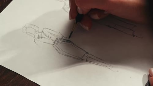 Young Woman Designer is Drawing Some Clothes By Pencil Using Ruler on White Paper The Costume