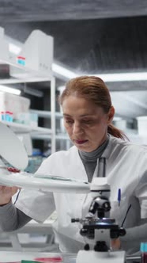 Vertical Video Microbiologist Holds Petri Dish Up to Light to Check for Bacterial Colony Growth