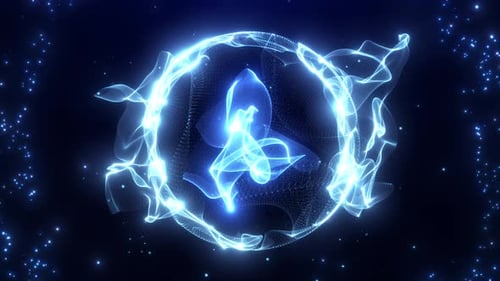 Abstrakte leuchtende Teilchenkugel, Atom, Energiekugel, hell leuchtende Lichtstrahlen, magische Wellen