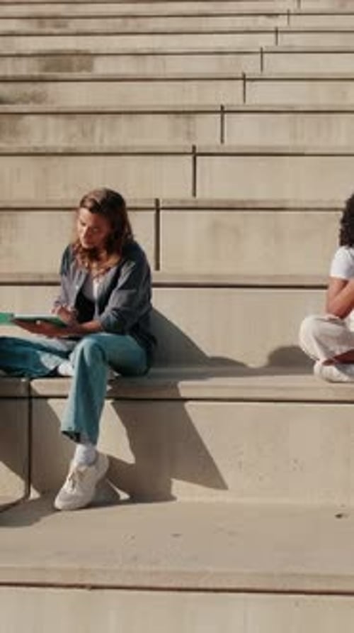 Students Study Together on Steps in Sunshine