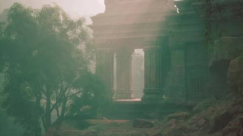 Foggy View of an Ancient Cambodian Temple With Trees