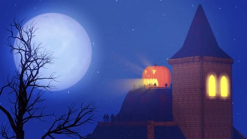 Spooky Animated Halloween Night with Haunted House and Jack-o'-Lantern