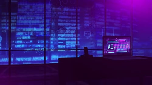 Work Of Artificial Intelligence On A Laptop Screen In Night Office