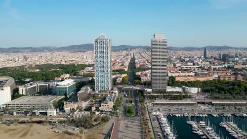 Aerial view of Hotel Arts and Torre Mapfre, Spain.