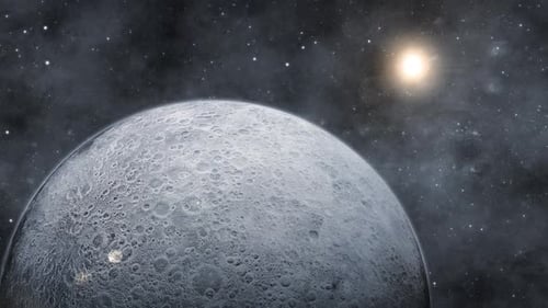 Realistische 3D-Mondplanetenansicht mit glühender Sonne