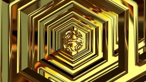 Movement Through a Tunnel of Gold Shapes, Reflection, Background, 3D Render, Exclusive