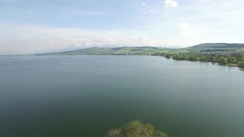 Cinematic Aerial View of Tree Island in the Middle of a Lake Landscape Scenery