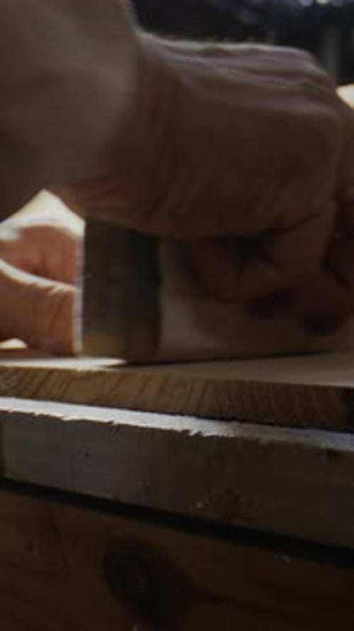 Carpenter Sands Wooden Part with Block Tool Preparing Restoration