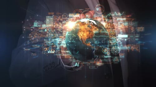 Futuristic AI Interface and Global Data Visualization Hologram