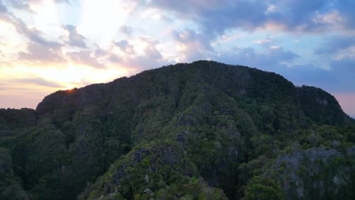 Jungle primeval forest Hill Mountain sunset thailand. Best aerial top view flight
panorama overview