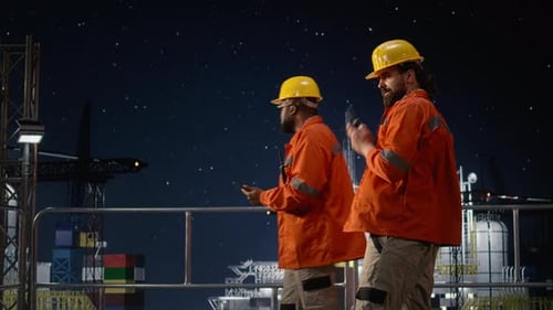 Two Industrial Workers Communicating at an Oil Rig at Night