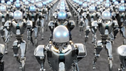 3d Animation Loop of Rows of Similar Cyborgs Walking Together