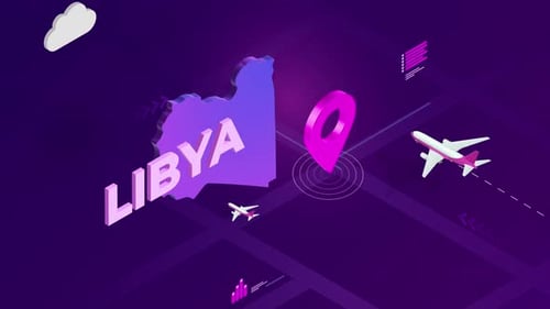 Animated Isometric Map of Libya with Location Pin and Airplanes