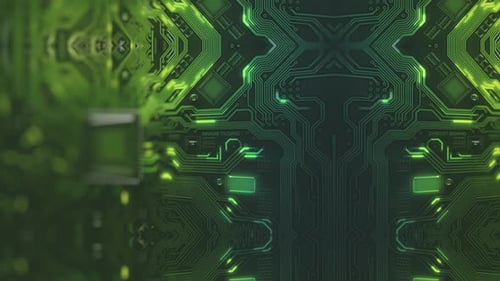 Futuristic Circuit Board Animation with Glowing Data Flow