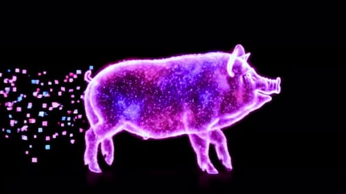 Vibrant purple pig with neon outline and sparkling particles