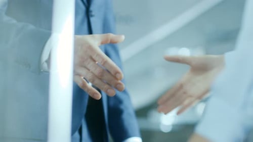 Close-up of the Businesswoman and Businessman Shaking Hands with Emphasis on the Handshake.