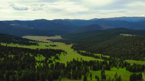 Aerial View Flying Over Green Valley and Forest Mountains Media