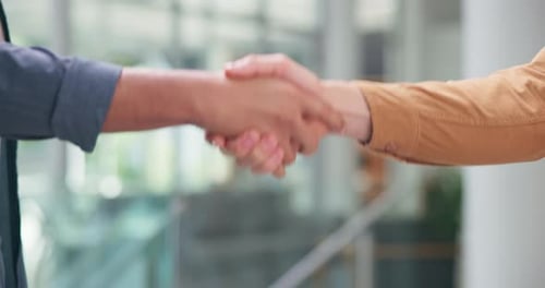 Business people, handshake or meeting with greeting for introduction, partnership or deal in office