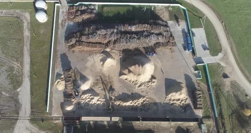 Woodworking Aerial View Recycling of Tree Trunks Into Splinters Wood Processing Factory From Height