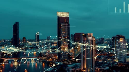 Business Data Analytic Interface Fly Over Smart City Showing Alteration Future