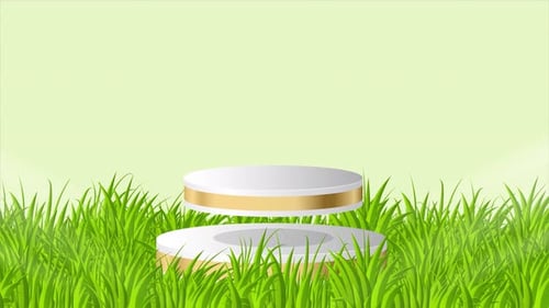 Natural podium backdrop. Empty round podium and grass. Stand show cosmetic product. Stage showcase