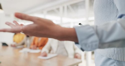 Business people, speaker hand or office presentation for marketing education