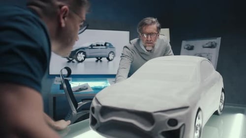 Automotive Engineers Work in a Studio Discuss Design of Prototype Car Sculpture