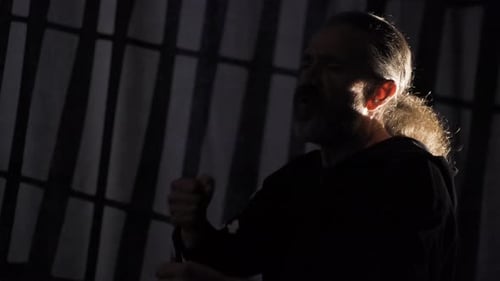 Silhouetted Man Gesturing with Hands Behind Bars