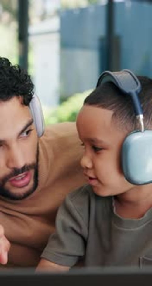 Kid, dad and count in home for online learning with math, numbers and teaching