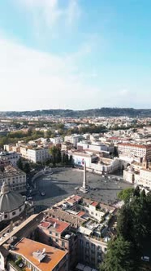 Aerial video of Piazza del Popolo or People's Square in Rome, Italy