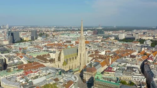 Iconic St. Stephen's Cathedral in Vienna (Wien), Austria. Summer Ascending Shot