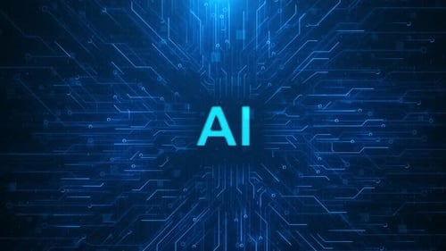 Futuristic AI Text Reveal with Blue Circuit Board Background