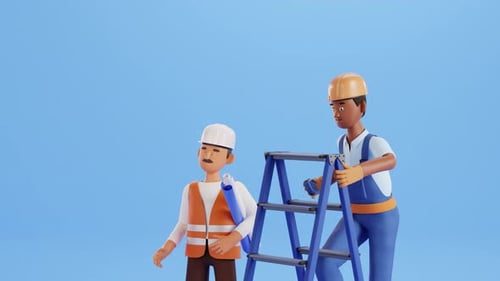 Анимация персонажей Builder. Рабочий на стройплощадке, разнорабочий, ступеньки по лестнице
